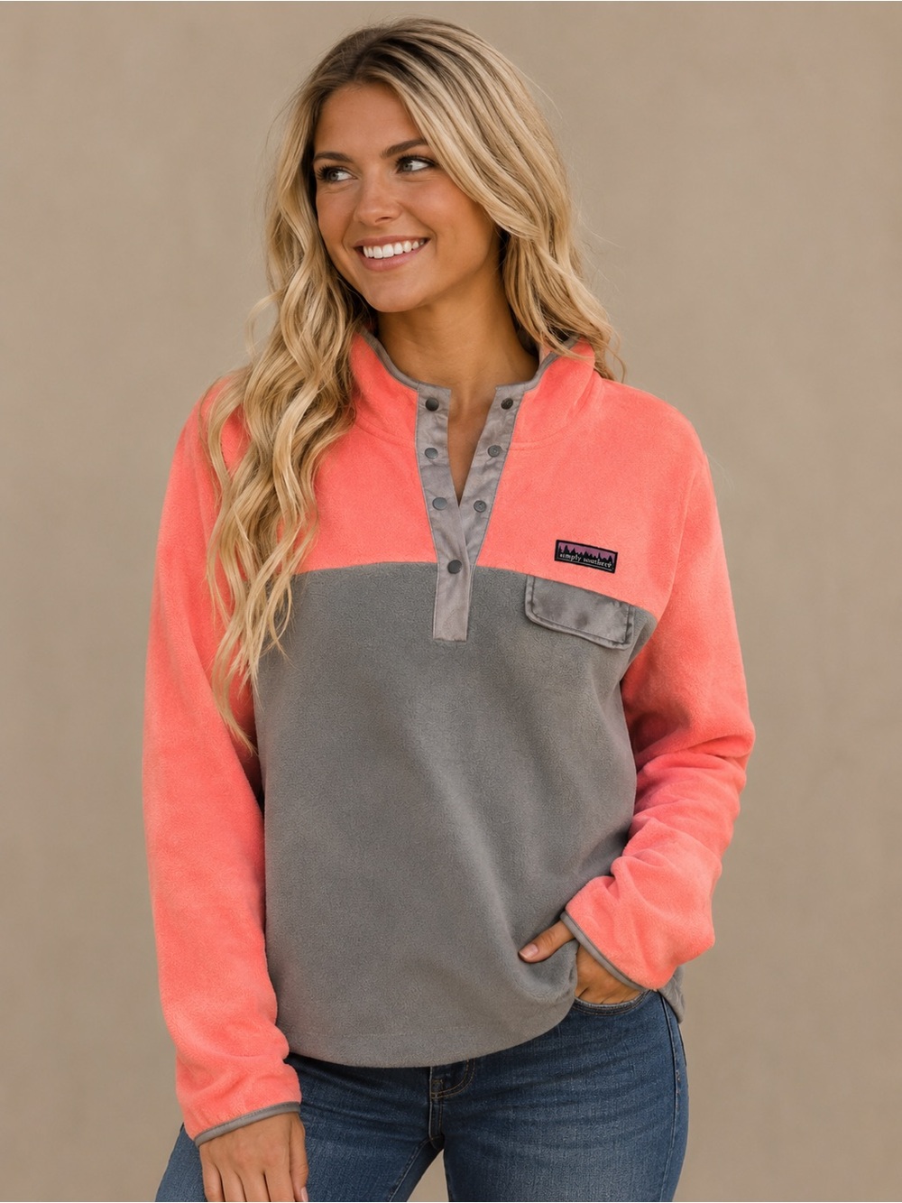 Simply Southern Coral and Gray Fleece Snap-Placket Pullover